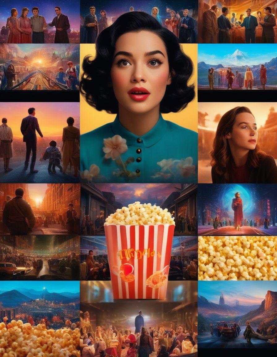 A vibrant collage of iconic movie scenes blending seamlessly into a glowing film reel, featuring a diverse group of people watching a screen in awe. Cinematic elements like popcorn, cameras, and vibrant colors radiate around the edges, creating a sense of magic and excitement in the world of film. The background subtly hints at famous landmarks from various movies. super-realistic. vibrant colors. cinematic lighting.