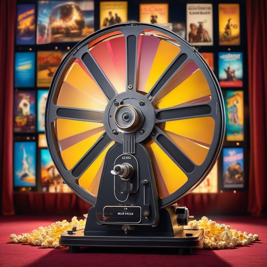 A cinematic collage featuring a giant film reel, scattered iconic movie posters from blockbusters to indie films, a rating scale measuring excitement, and movie popcorn overflowing. Background filled with colorful spotlights and a velvet cinema curtain, creating a warm inviting atmosphere for movie lovers. Add a vintage movie projector casting light. vibrant colors. super-realistic.